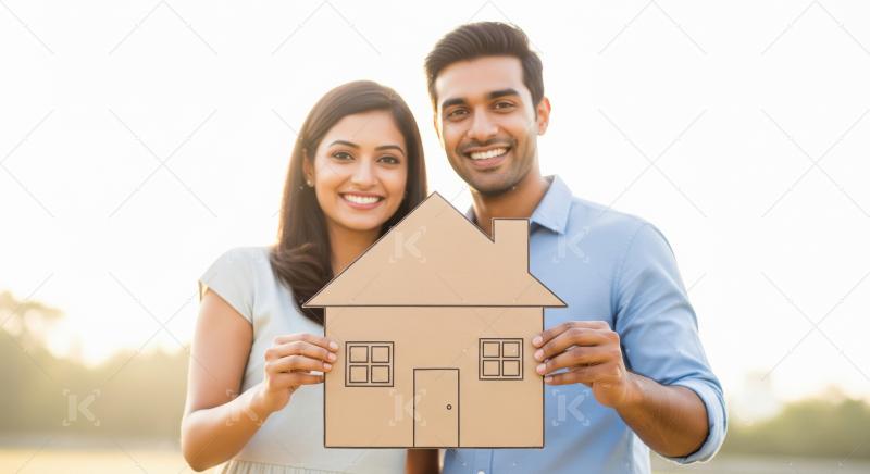 Young indian couple holding house model standing together on iso
