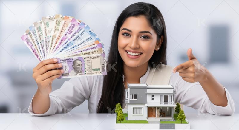 Young beautiful indian woman holding house model and money