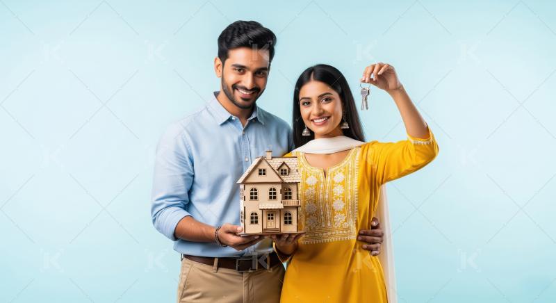 Young indian couple holding house model standing together on iso