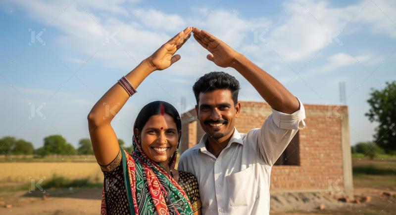 Young indian couple standing together and showing home gesture w