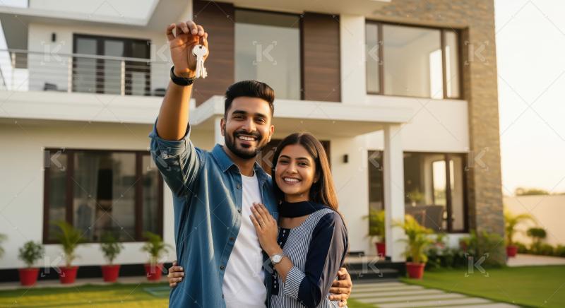 Young indian couple holding new house key together