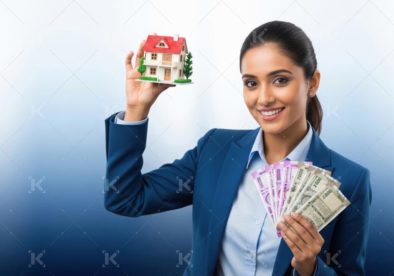 Young beautiful indian woman holding house model and money