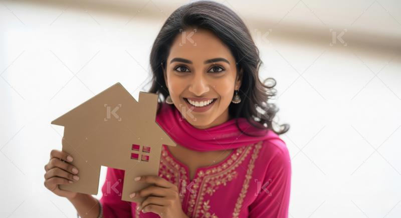 Young beautiful indian woman holding house model and money