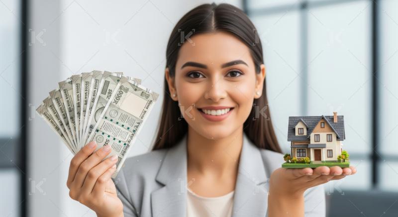 Young beautiful indian woman holding house model and money