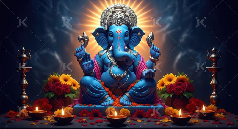 Beautiful statue of lord ganesha with oil lamps and flowers