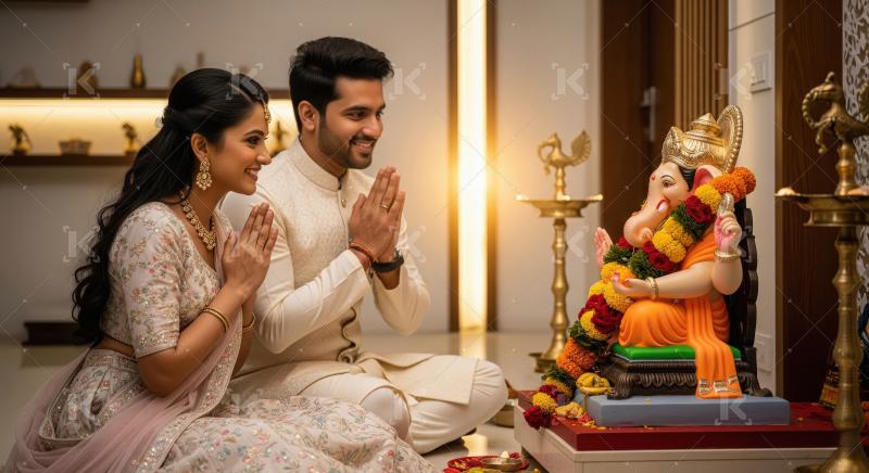 Happy indian family celebrating ganesh festival together at home