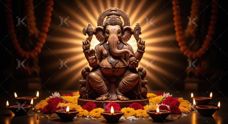 Beautiful statue of lord ganesha with oil lamps and flowers