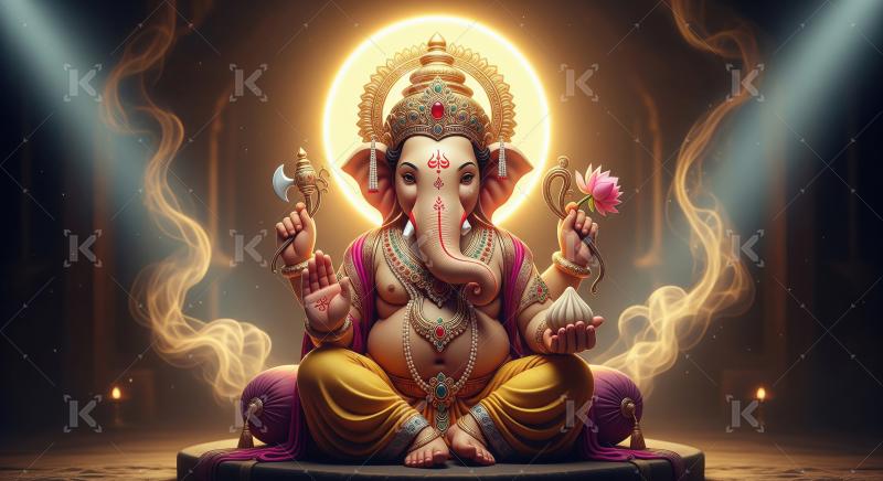 Beautiful statue of lord ganesha with oil lamps and flowers