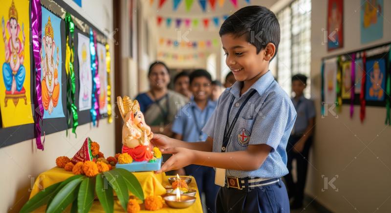 Indian school children celebrating ganesh festival together at s