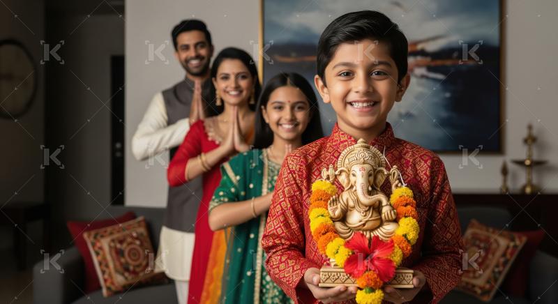 Happy indian family celebrating ganesh festival together at home