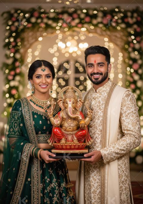 Young indian couple standing together with lord ganesha