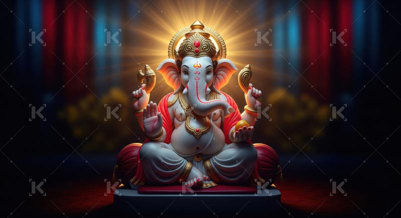 Beautiful statue of lord ganesha with oil lamps and flowers