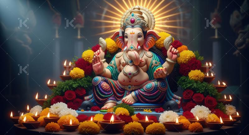Beautiful statue of lord ganesha with oil lamps and flowers