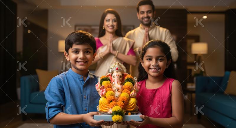 Happy indian family celebrating ganesh festival together at home