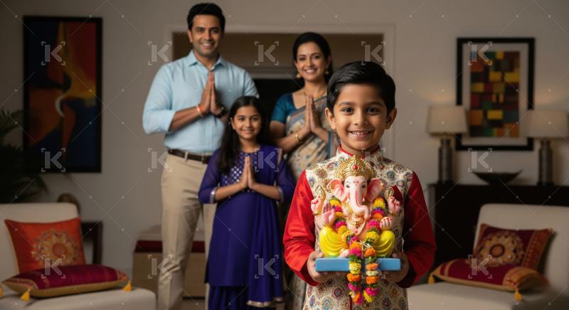 Happy indian family celebrating ganesh festival together at home