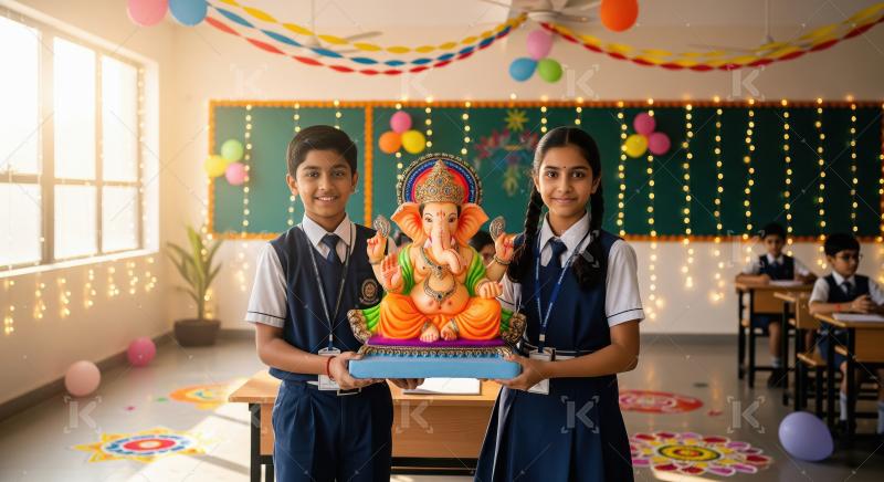Indian school children celebrating ganesh festival together at s
