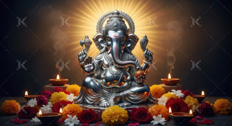 Beautiful statue of lord ganesha with oil lamps and flowers