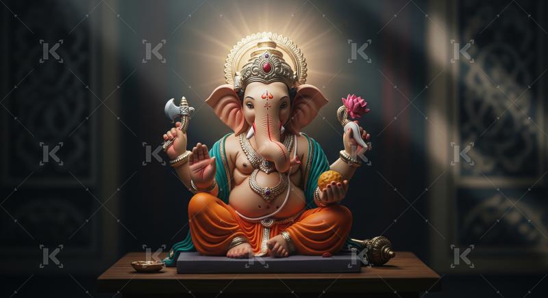 Beautiful statue of lord ganesha with oil lamps and flowers