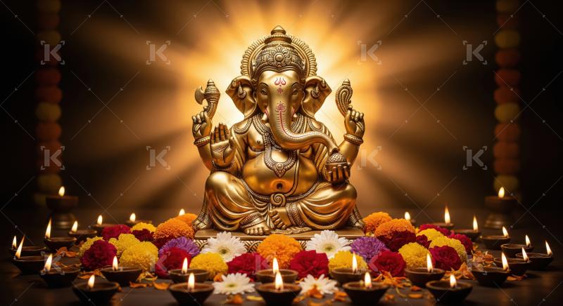 Beautiful statue of lord ganesha with oil lamps and flowers