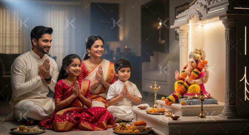 Happy indian family celebrating ganesh festival together at home