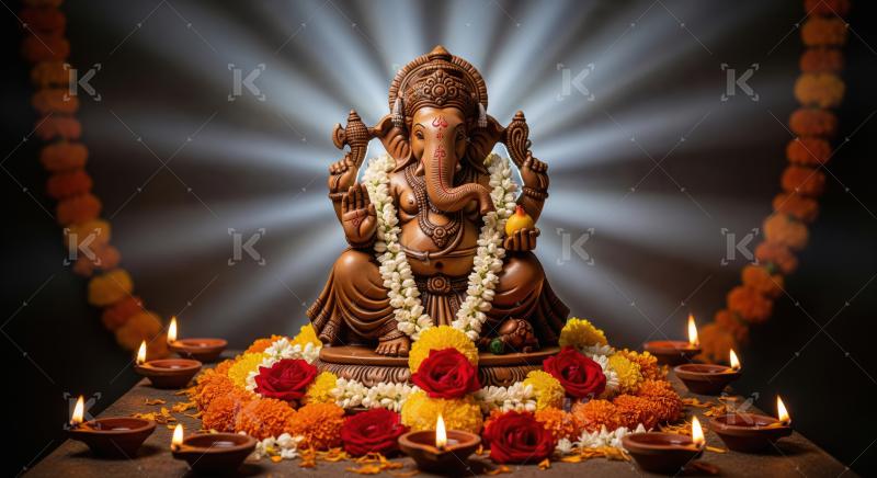 Beautiful statue of lord ganesha with oil lamps and flowers