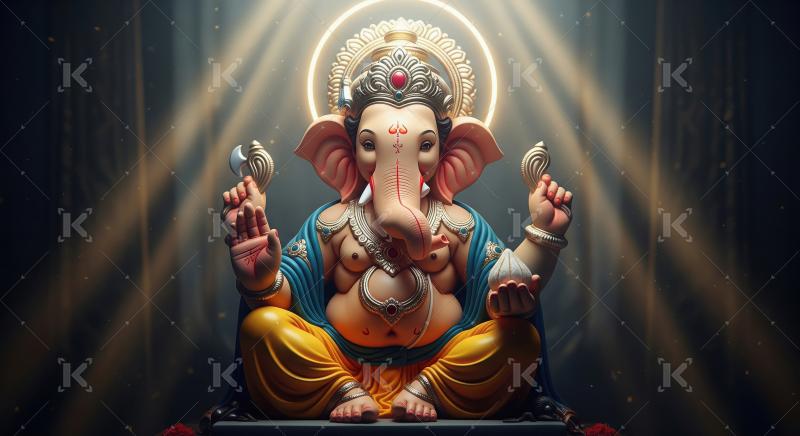 Beautiful statue of lord ganesha with oil lamps and flowers