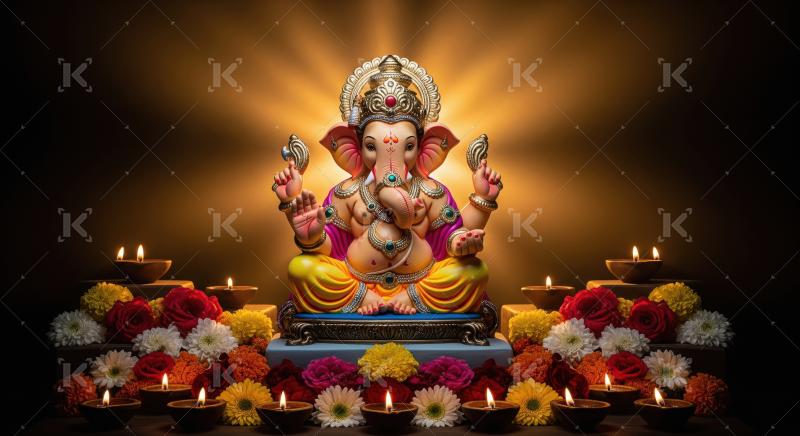 Beautiful statue of lord ganesha with oil lamps and flowers