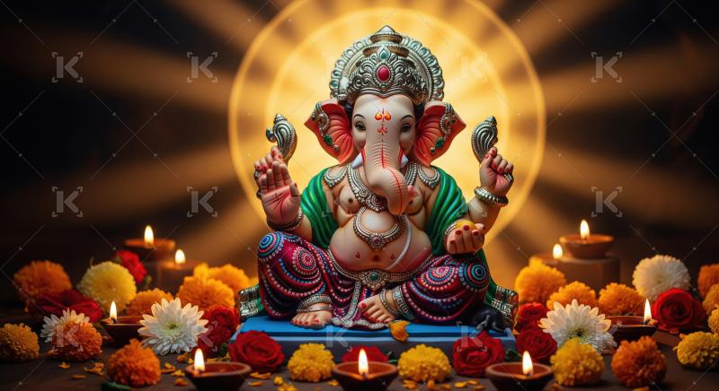Beautiful statue of lord ganesha with oil lamps and flowers