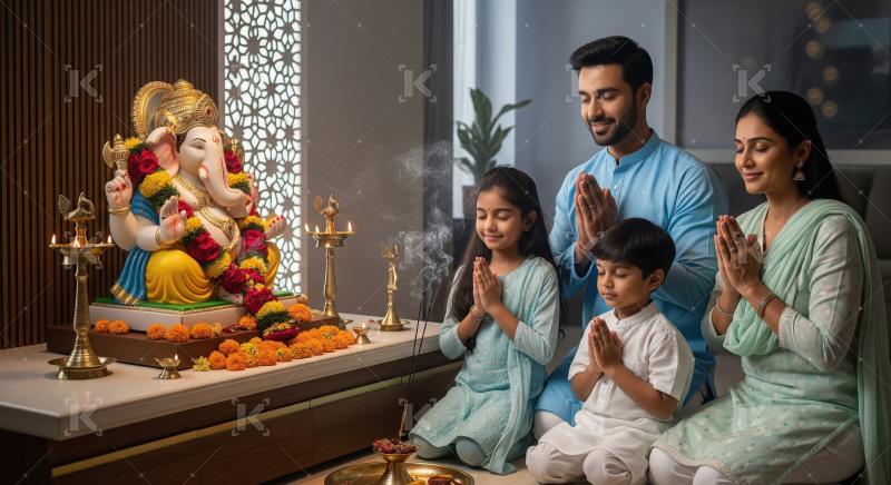 Happy indian family celebrating ganesh festival together at home