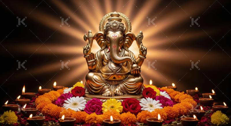 Beautiful statue of lord ganesha with oil lamps and flowers