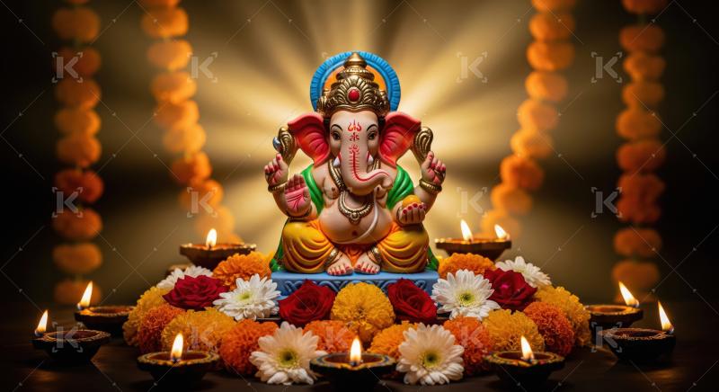 Beautiful statue of lord ganesha with oil lamps and flowers