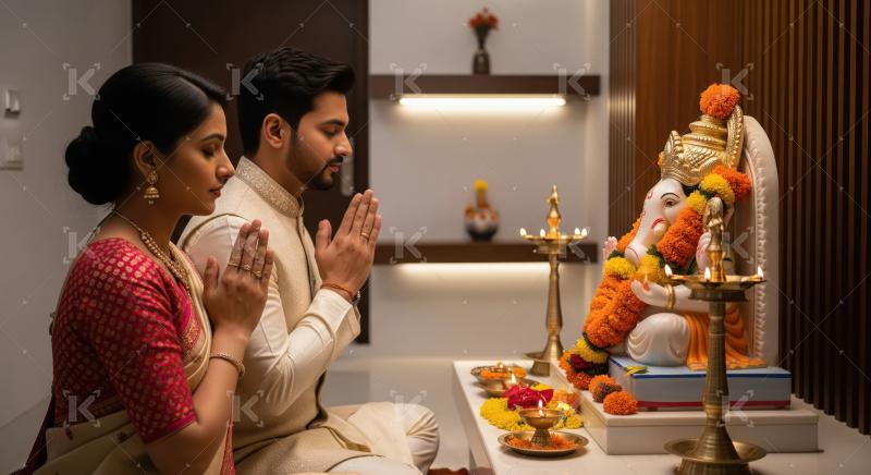 Young indian couple celebrating ganesh festival together