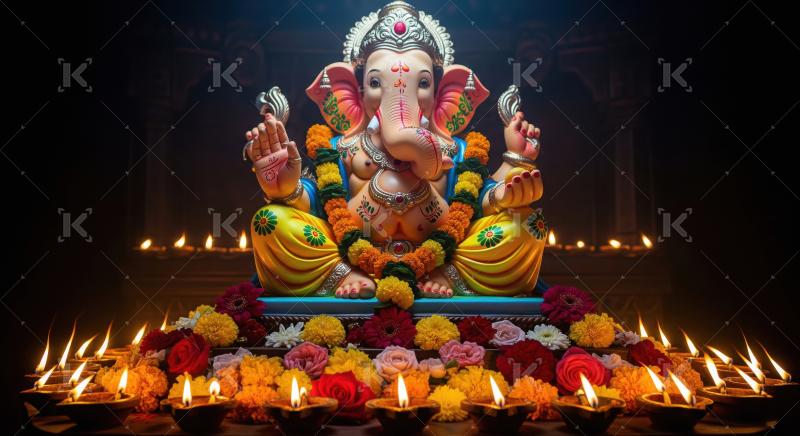 Beautiful statue of lord ganesha with oil lamps and flowers