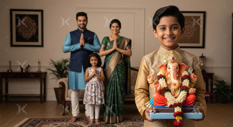 Happy indian family celebrating ganesh festival together at home