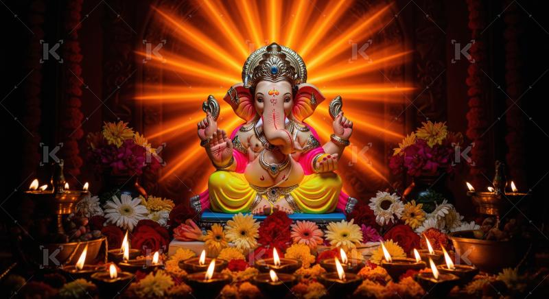 Beautiful statue of lord ganesha with oil lamps and flowers