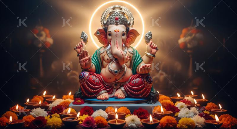 Beautiful statue of lord ganesha with oil lamps and flowers