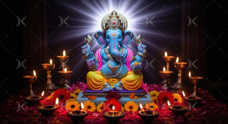 Beautiful statue of lord ganesha with oil lamps and flowers
