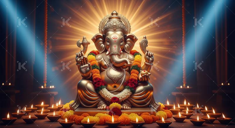 Beautiful statue of lord ganesha with oil lamps and flowers