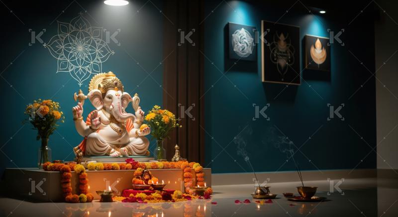 Beautiful statue of lord ganesha with oil lamps and flowers