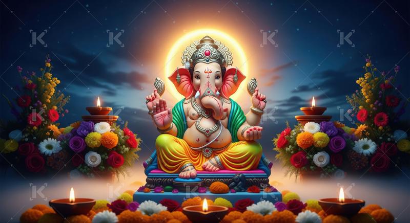 Beautiful statue of lord ganesha with oil lamps and flowers