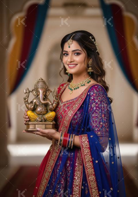 Young indian woman holding lord ganesha statue