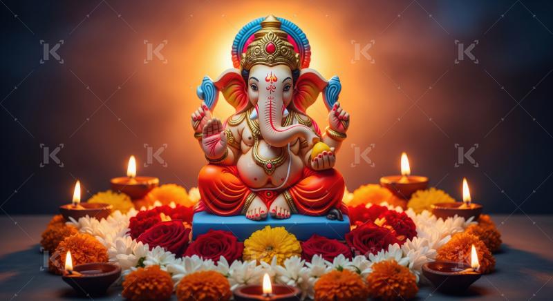 Beautiful statue of lord ganesha with oil lamps and flowers