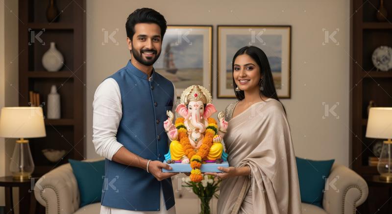 Young indian couple standing together with lord ganesha