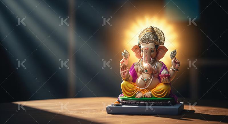 Beautiful statue of lord ganesha with oil lamps and flowers