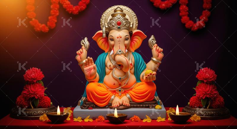 Beautiful statue of lord ganesha with oil lamps and flowers