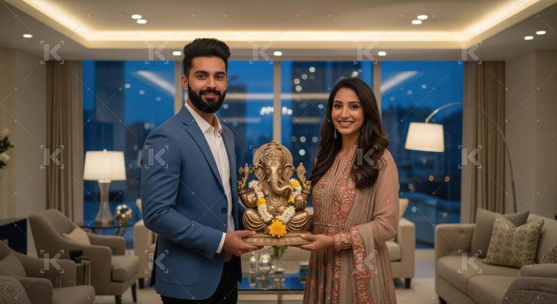 Young indian couple standing together with lord ganesha