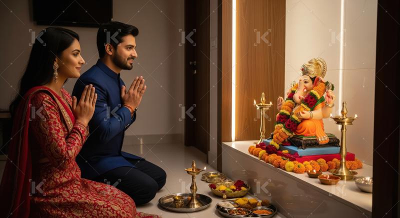 Young indian couple standing together with lord ganesha