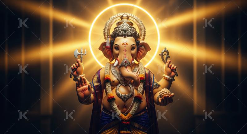 Beautiful statue of lord ganesha with oil lamps and flowers