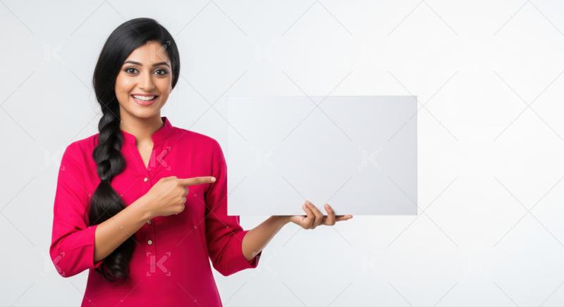 Smiling young Indian woman holding and pointing a blank white board