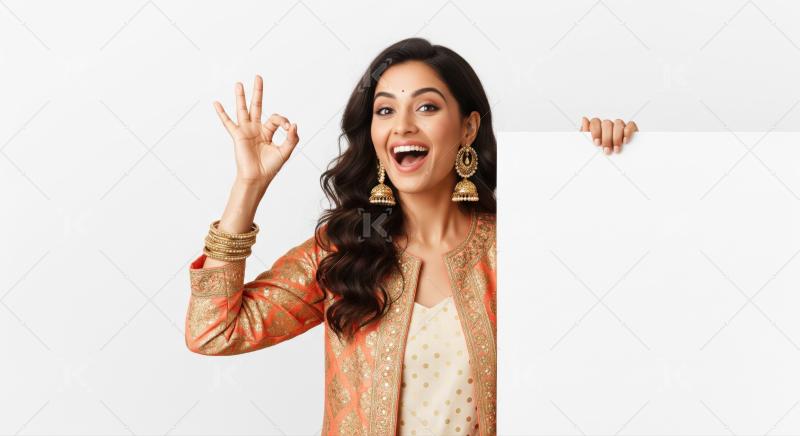 Beautiful Indian woman cheerfully presents information with perfect gesture.